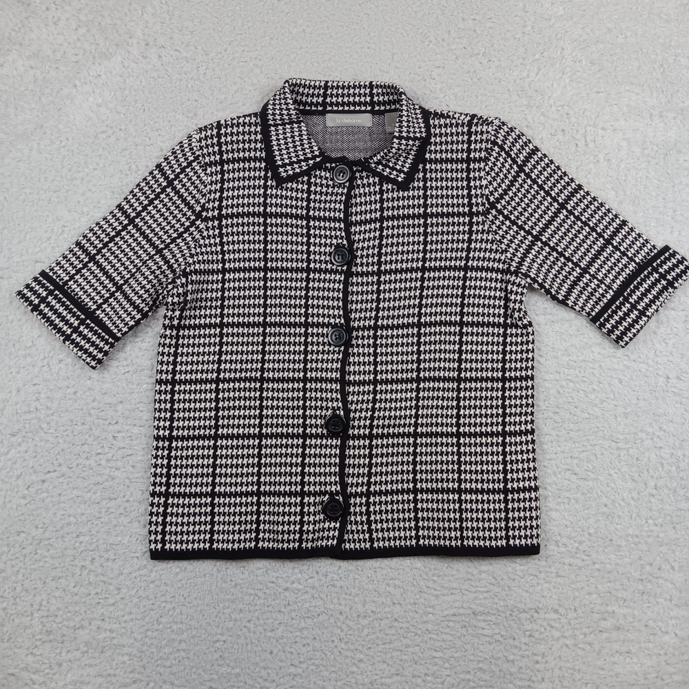 Liz Claiborne Cardigan Sweater Women M Black White Houndstooth Plaid Cotton